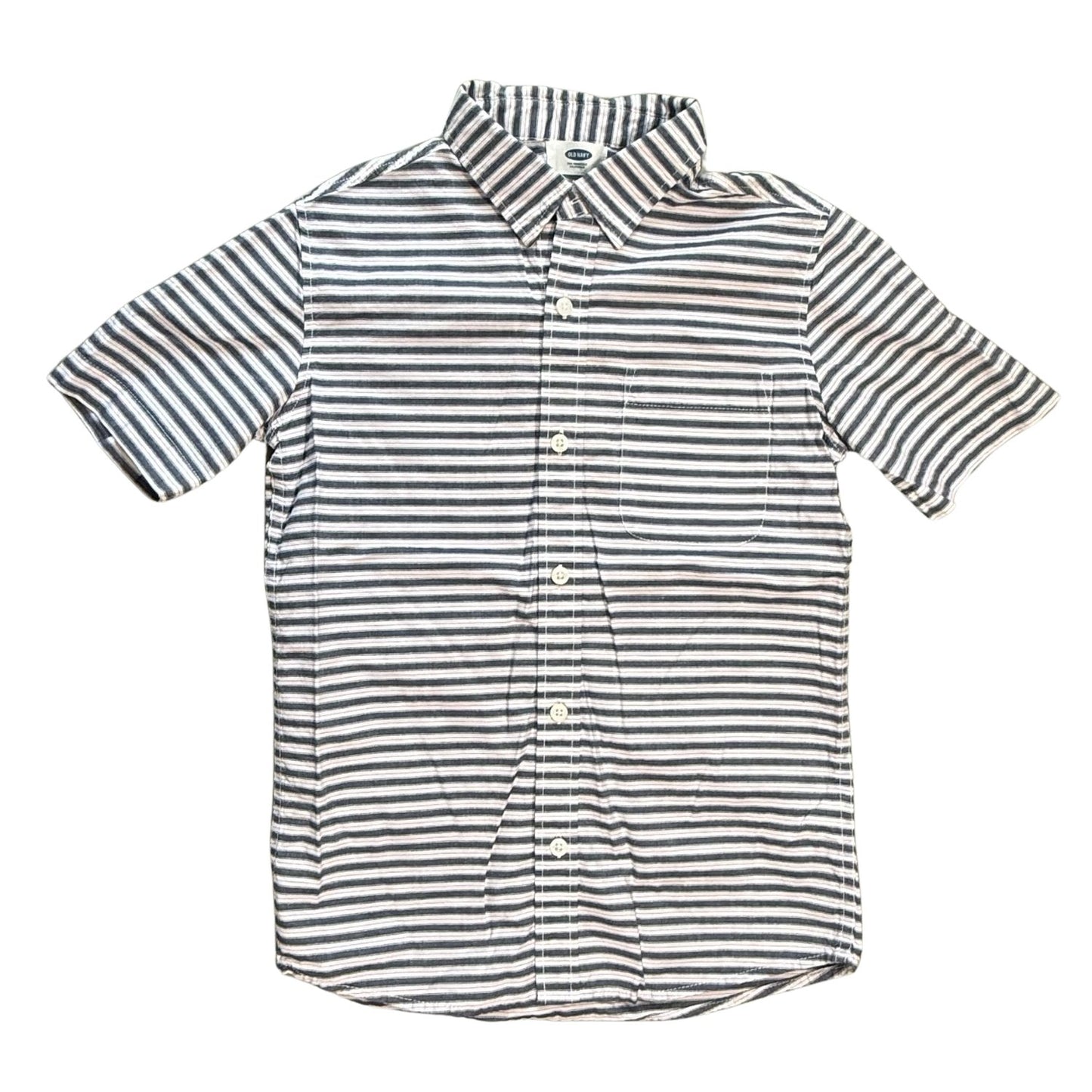 Front view of Old Navy boys white navy and red striped button-up shirt size Medium 8