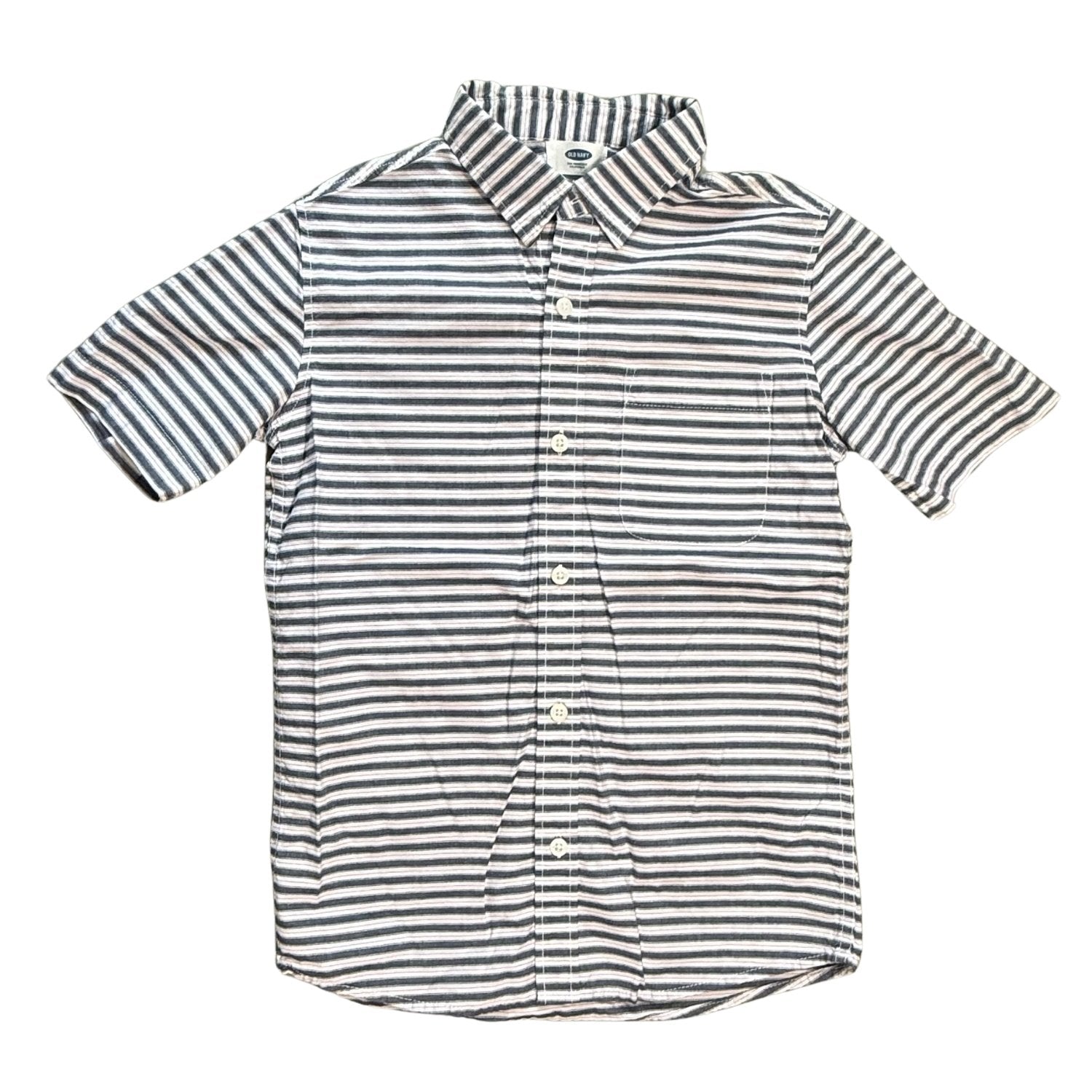 Front view of Old Navy boys white navy and red striped button-up shirt size Medium 8