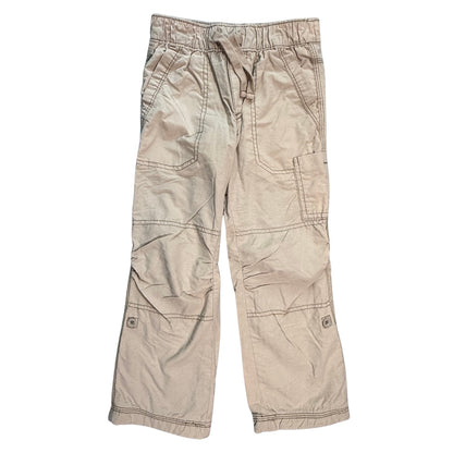Front view of Old Navy boys tan lined roll-up utility pants size 5T with elastic waist and pockets