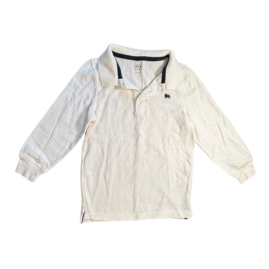 Front view of Old Navy boys white long-sleeve polo shirt size 5T with embroidered chest logo