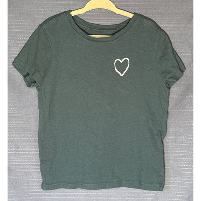 Front of Old Navy girls muted teal green short-sleeve T-shirt with small white outlined heart graphic on chest, size 6–7.