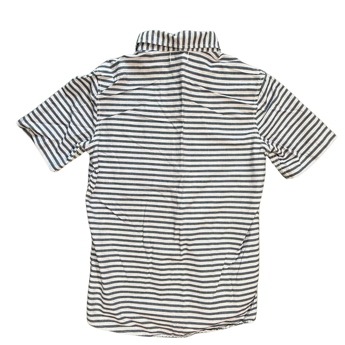 Back view of Old Navy boys white navy and red striped short-sleeve shirt