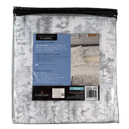 Cuddl Duds Painted Forest flannel sheet set in gray and white woodland pattern. Back image.