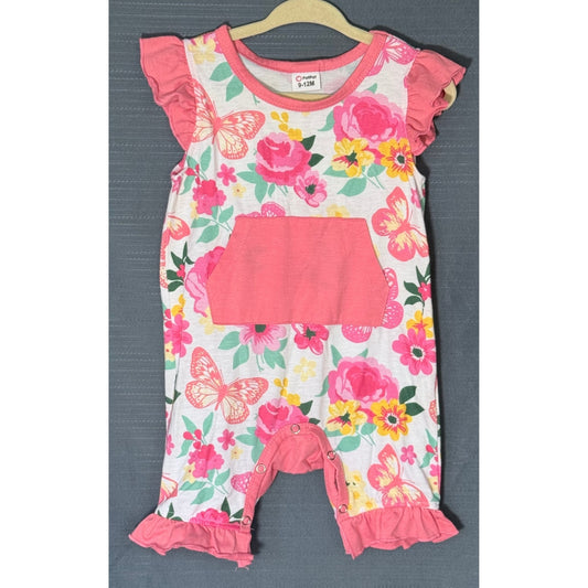 Front view of PatPat baby girls floral butterfly romper size 9–12 months with coral-pink kangaroo pocket, ruffled sleeves, and inseam snaps.