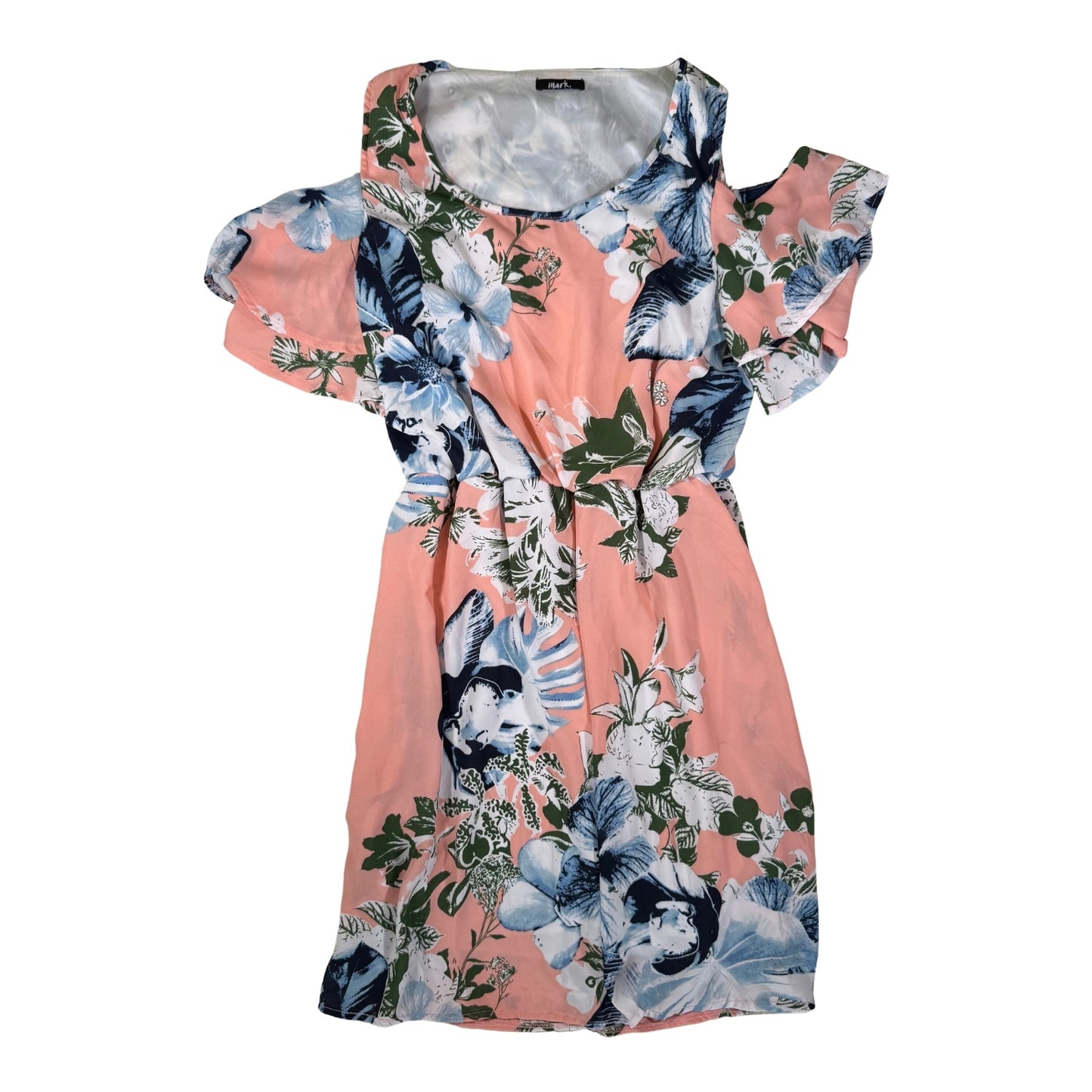 Womens peach floral dress with blue and green botanical print front view
