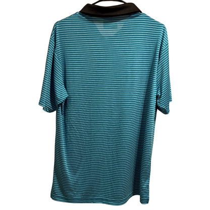 Back view of PGA TOUR men's blue striped performance golf polo shirt.