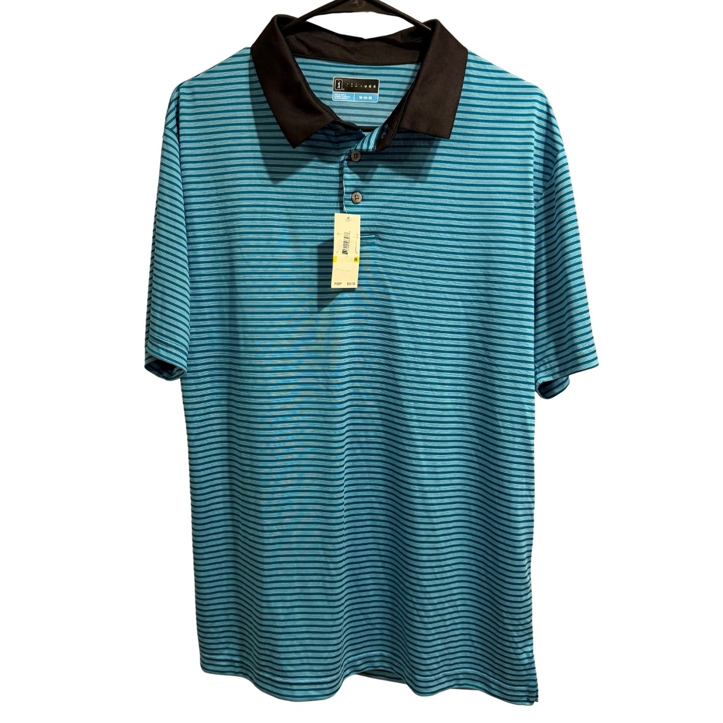 PGA TOUR men's blue striped performance golf polo shirt in size Medium with black collar, new with tags.