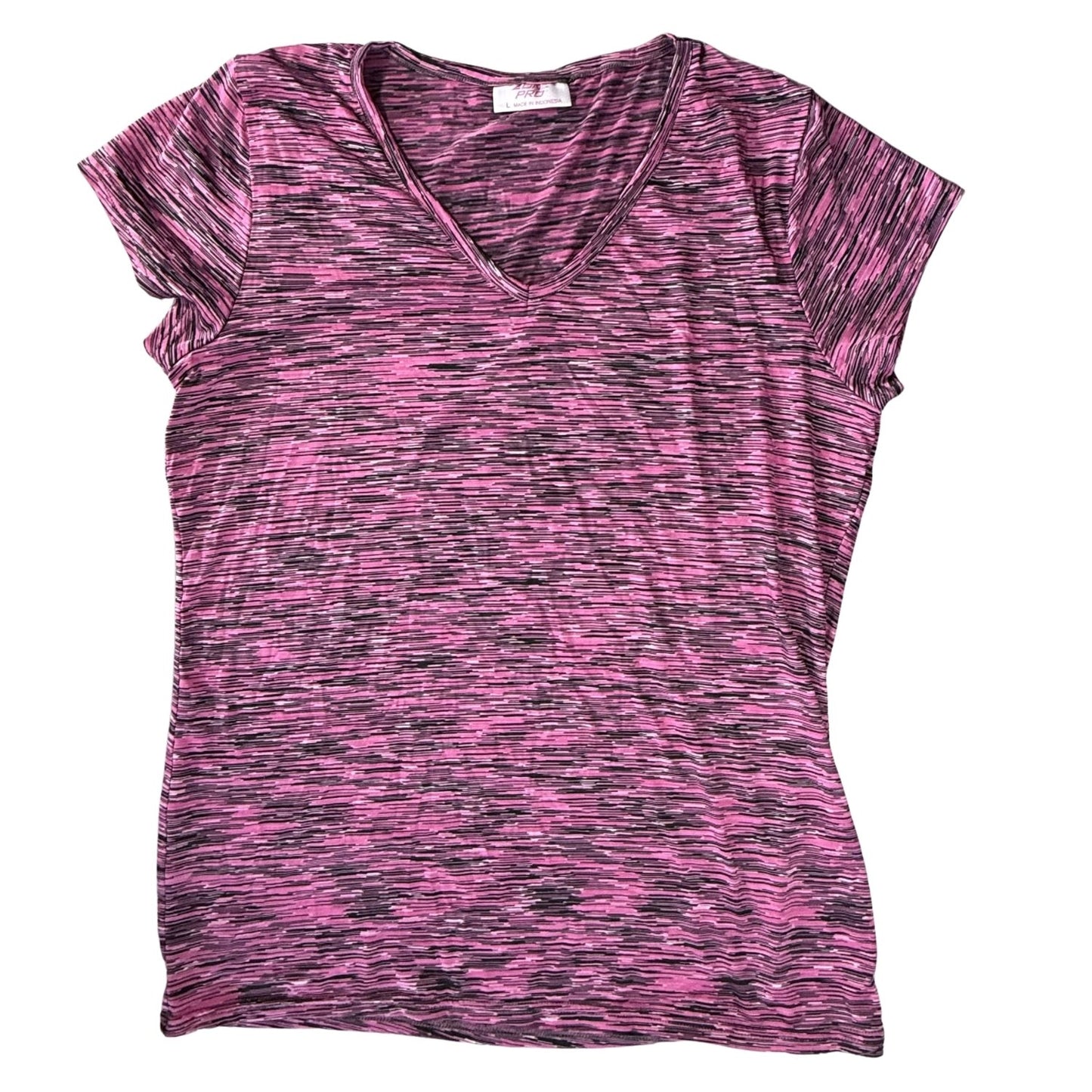 Heather pink athletic v neck shirt with black and white accents