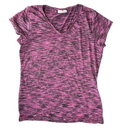 Heather pink athletic v neck shirt with black and white accents
