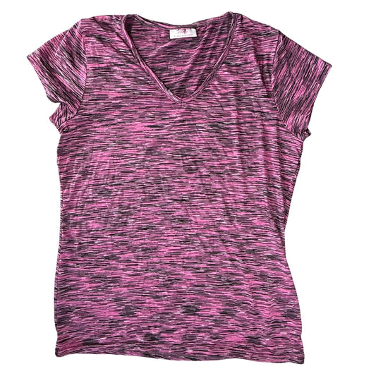 Heather pink athletic v neck shirt with black and white accents