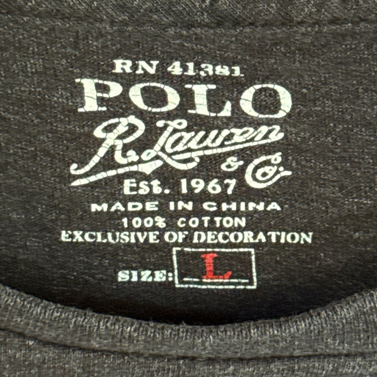 Printed Polo Ralph Lauren neckline label showing size Large, 100% cotton, and made in China