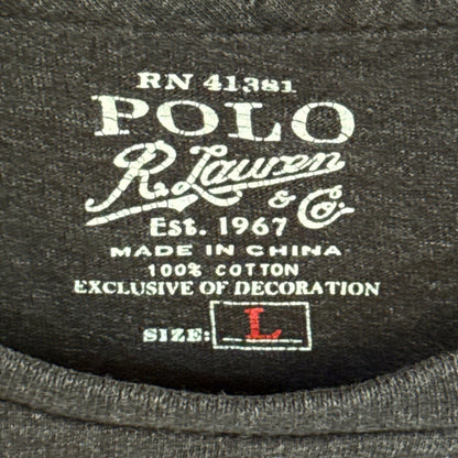 Printed Polo Ralph Lauren neckline label showing size Large, 100% cotton, and made in China