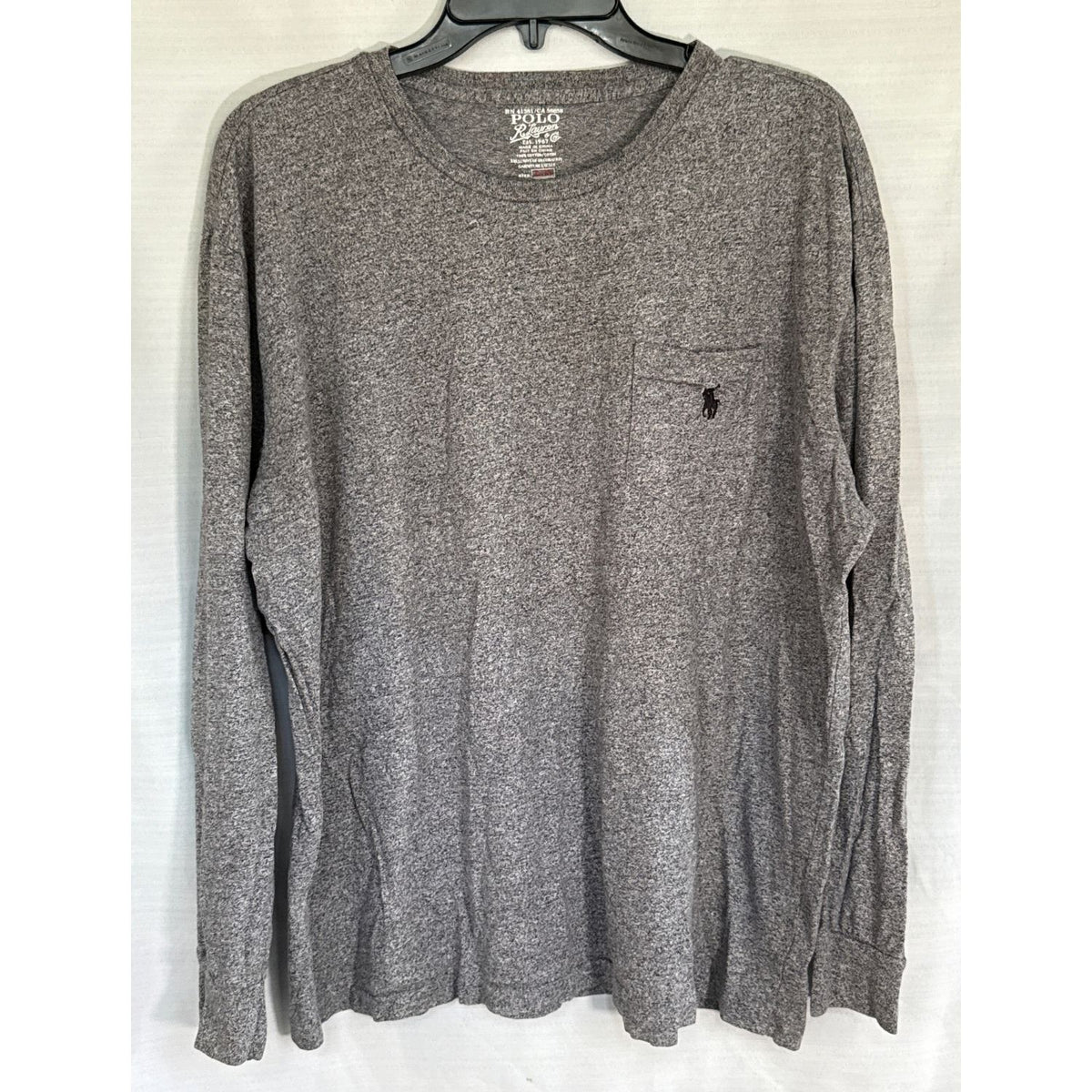 Front view of a heather gray Polo Ralph Lauren men’s large crewneck T-shirt with a chest pocket and black embroidered pony logo.