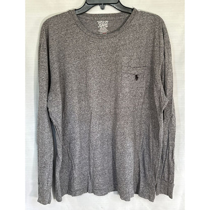 Front view of a heather gray Polo Ralph Lauren men’s large crewneck T-shirt with a chest pocket and black embroidered pony logo.