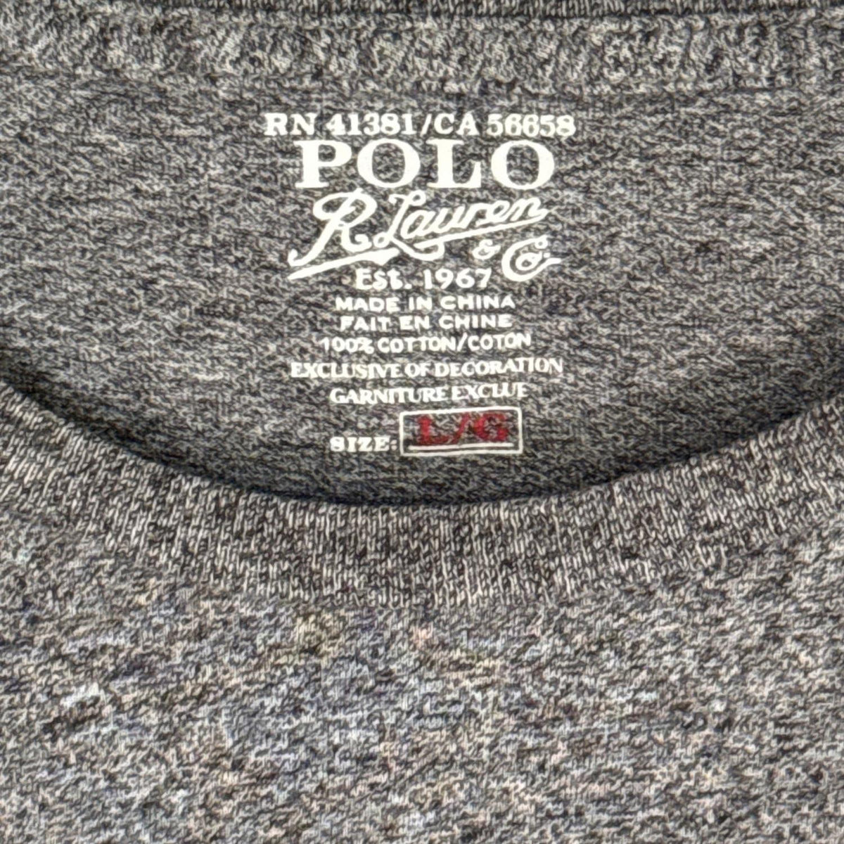 Polo Ralph Lauren printed neckline label showing size large and 100% cotton fabric content.