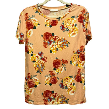 Reb & J women's peach floral short sleeve top in size Large with a round neckline and allover floral print.