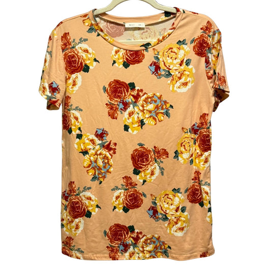 Reb & J women's peach floral short sleeve top in size Large with a round neckline and allover floral print.