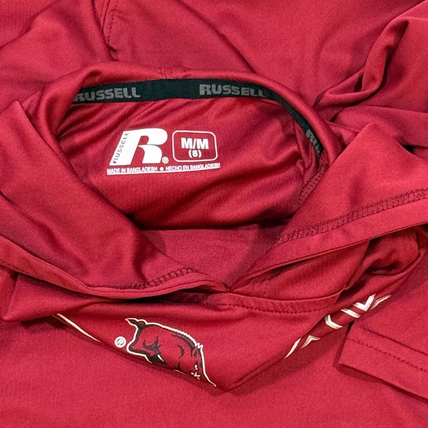 Russell brand and M/M size 8 label on Arkansas Razorbacks boys hoodie