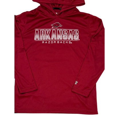 Close-up of Arkansas Razorbacks hog logo and graphic on red boys hoodie