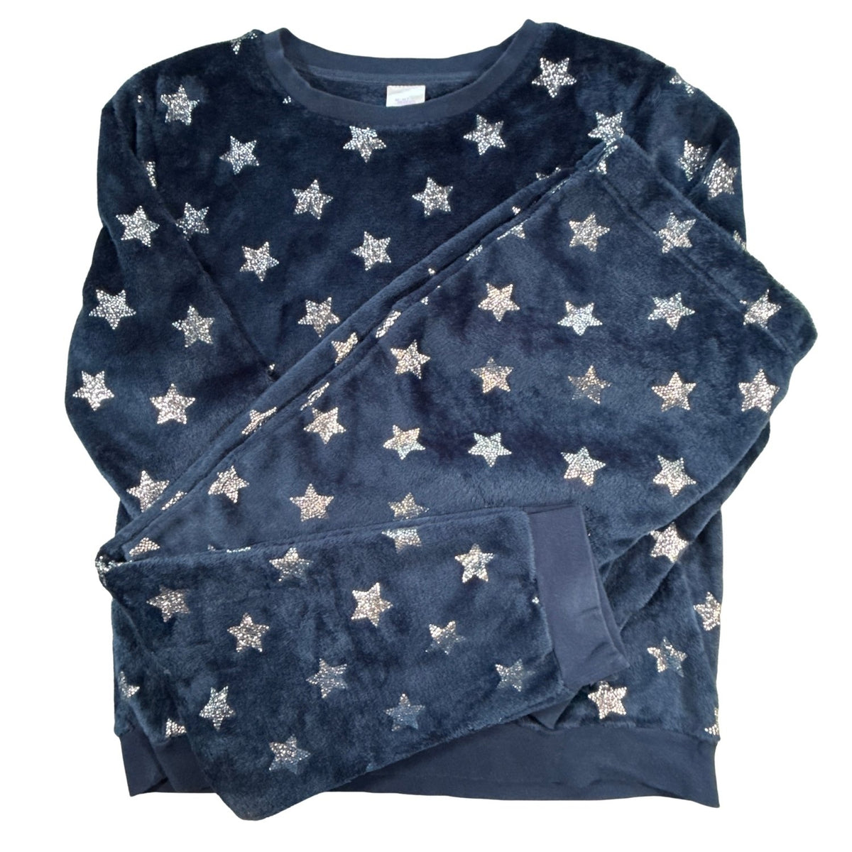 Secret Treasures women’s XL navy blue plush pajama set with metallic silver stars