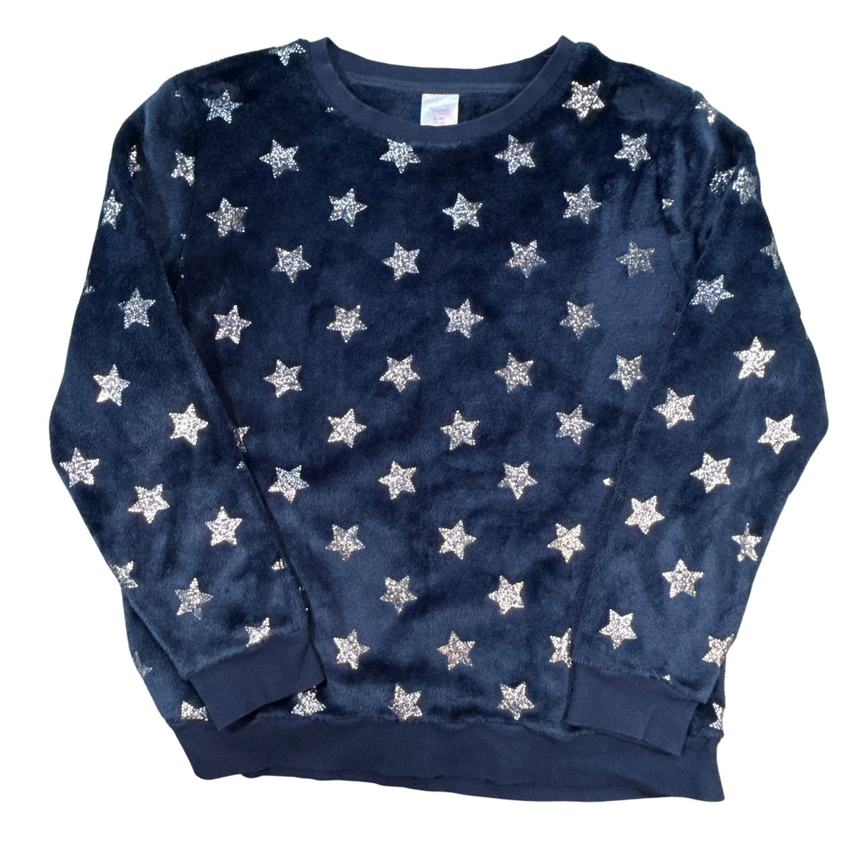 Navy blue long-sleeve plush pajama top with metallic silver star print