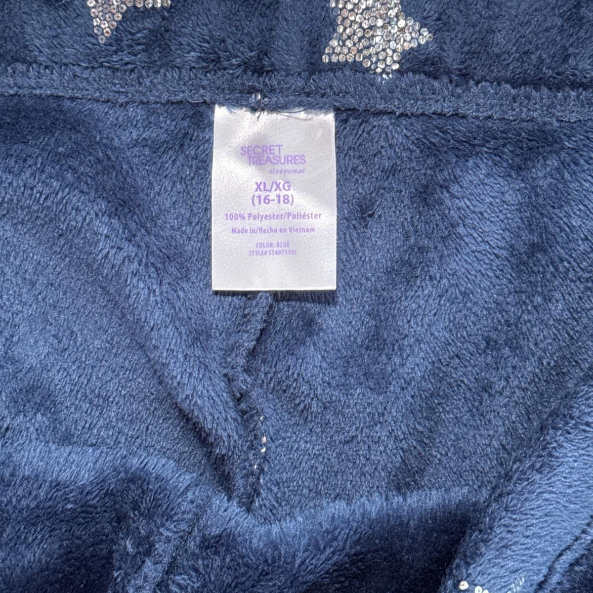 Secret Treasures XL 16–18 and 100% polyester label inside pajama pants