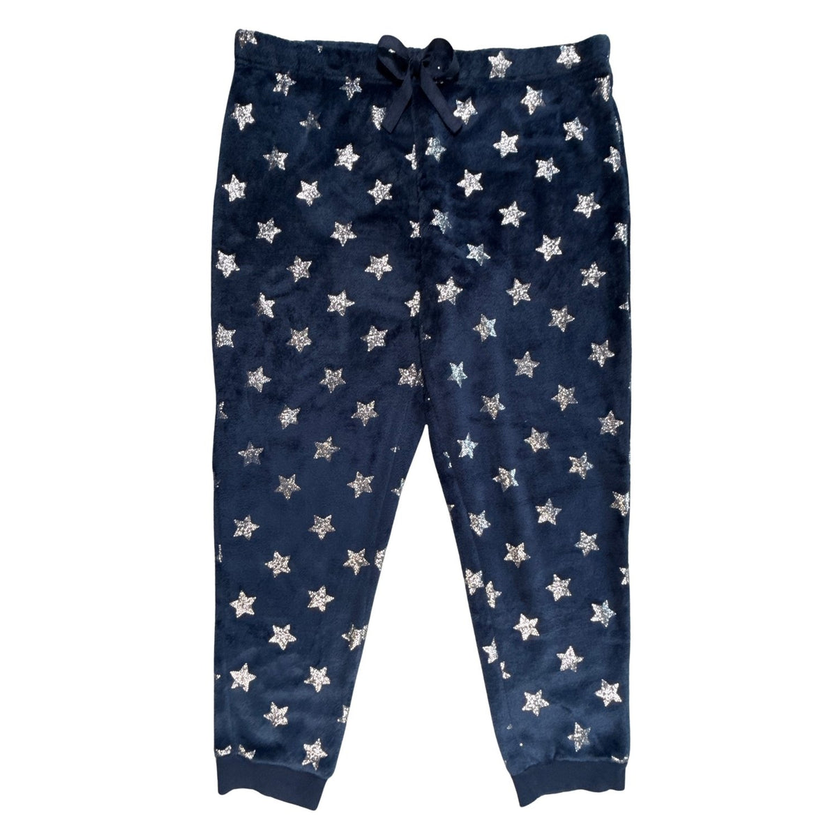 Navy blue plush pajama jogger pants with silver stars and drawstring waist