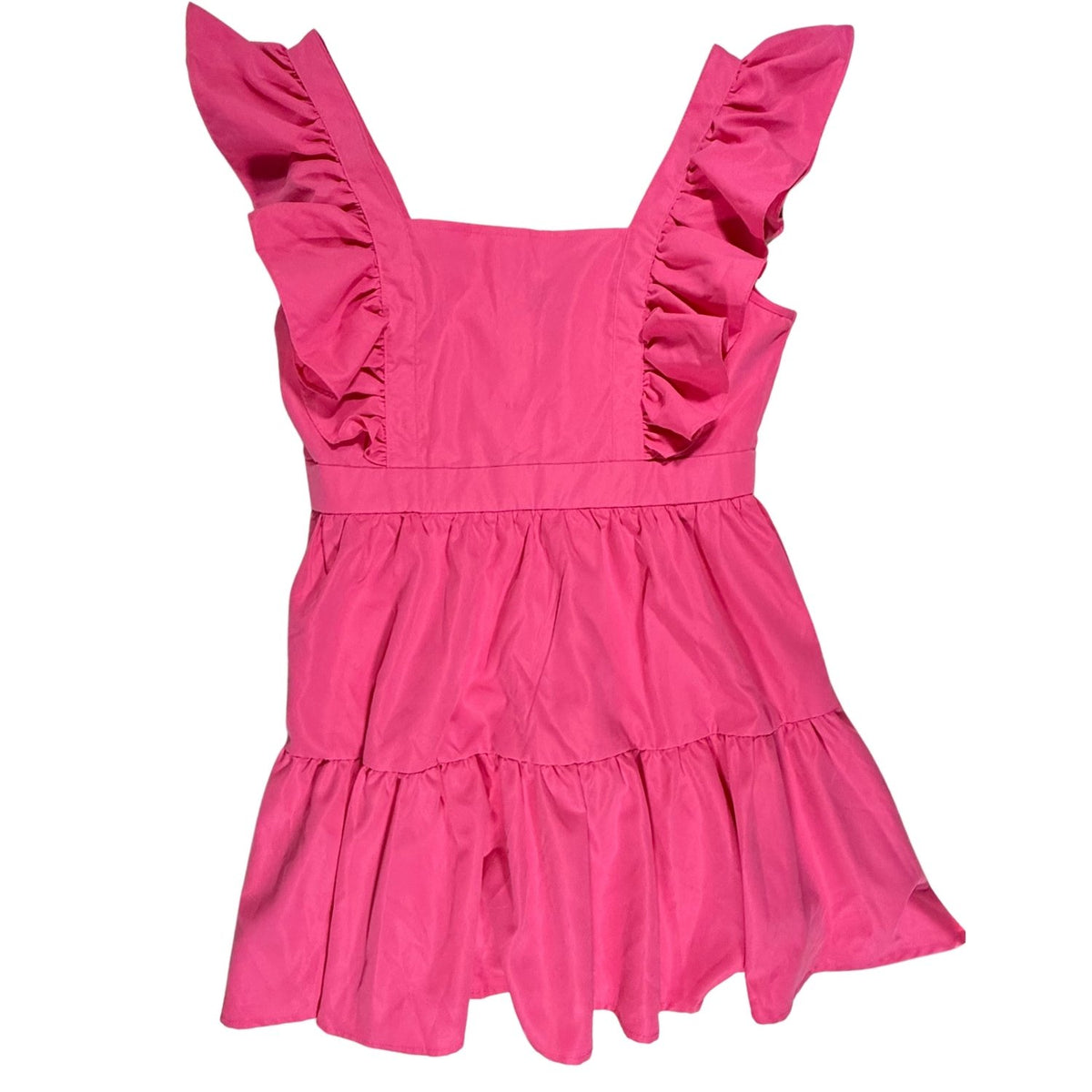 SHEIN women's bright pink mini dress in size Large featuring ruffle shoulder sleeves, a square neckline, and a tiered skirt.