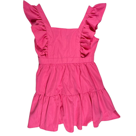 SHEIN women's bright pink mini dress in size Large featuring ruffle shoulder sleeves, a square neckline, and a tiered skirt.