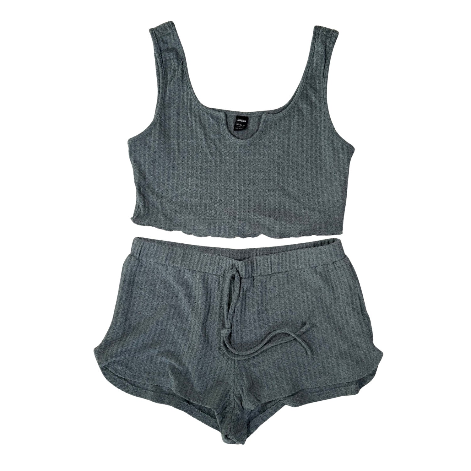 Womens green waffle knit pajama set crop top and shorts front view