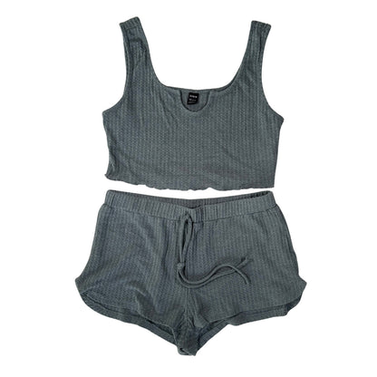 Womens green waffle knit pajama set crop top and shorts front view