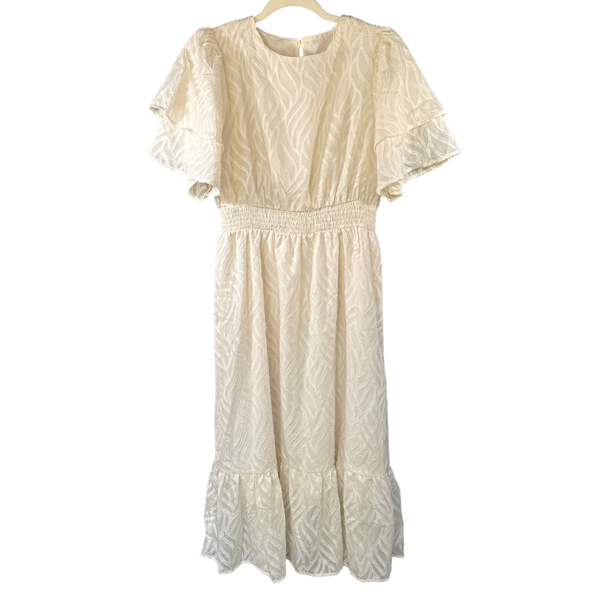 SHEIN women's size large cream midi dress with textured wavy pattern, layered flutter sleeves, smocked waist, and ruffled hem, front view.