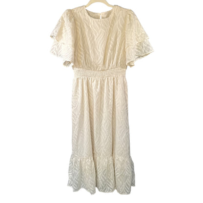 SHEIN women's size large cream midi dress with textured wavy pattern, layered flutter sleeves, smocked waist, and ruffled hem, front view.