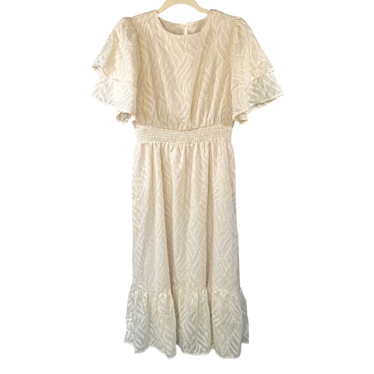 SHEIN women's size large cream midi dress with textured wavy pattern, layered flutter sleeves, smocked waist, and ruffled hem, front view.