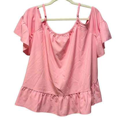 Back view of SHEIN pink off shoulder ruffle top with flutter sleeves and ruffle hem.