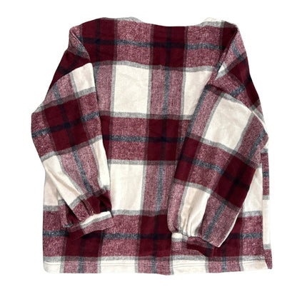 Back view of SHEIN women’s large red, black, and white plaid cardigan