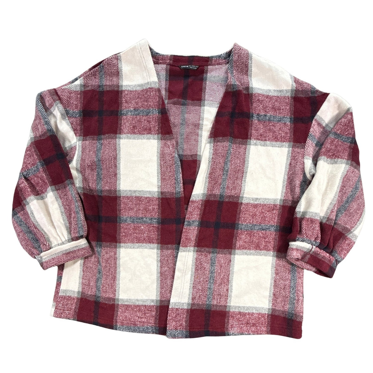 Front view of SHEIN women’s large red, black, and white plaid open-front cardigan
