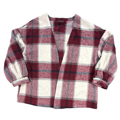Front view of SHEIN women’s large red, black, and white plaid open-front cardigan