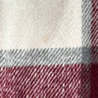Close-up of small light stain on lower back of SHEIN plaid cardigan