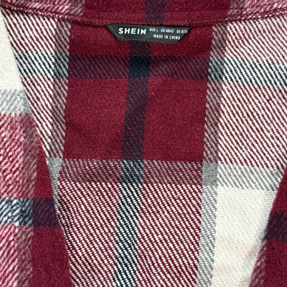 SHEIN size Large US 8/10 label inside women’s plaid cardigan
