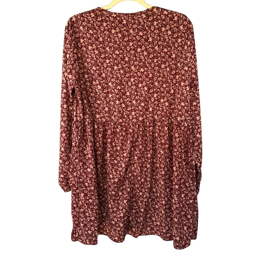 Back view of SHEIN burgundy floral long sleeve mini dress showing gathered waist and flowy skirt.