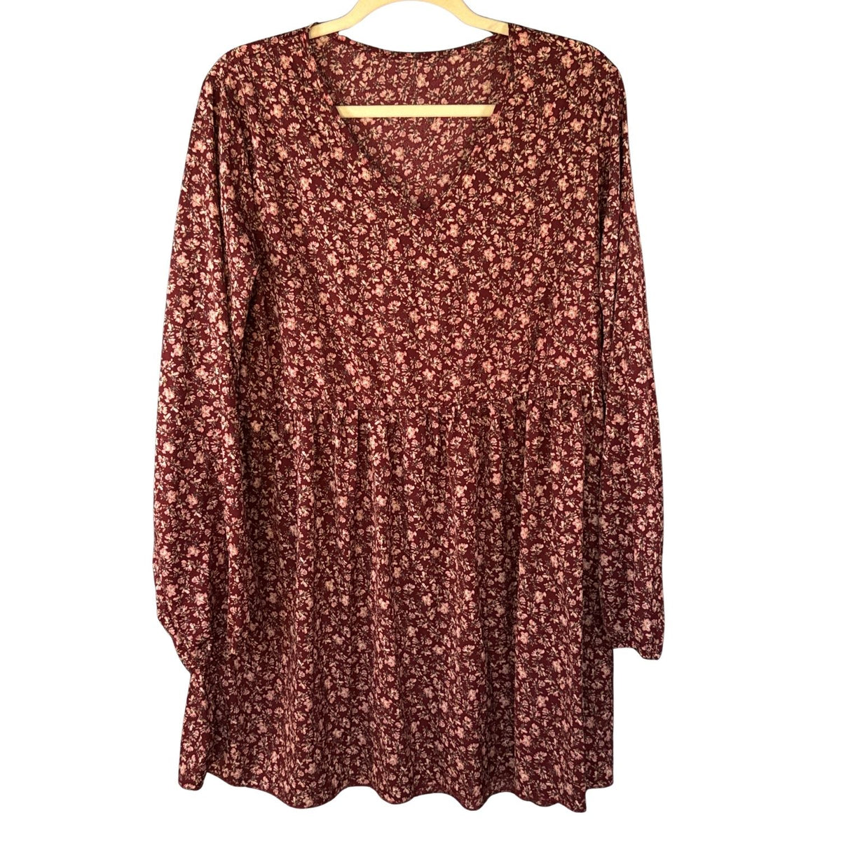 SHEIN women's large burgundy floral babydoll mini dress with V-neckline, long sleeves, and gathered waist.