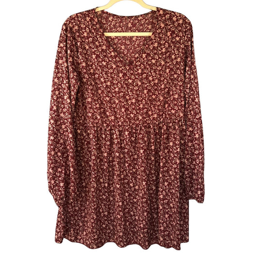SHEIN women's large burgundy floral babydoll mini dress with V-neckline, long sleeves, and gathered waist.
