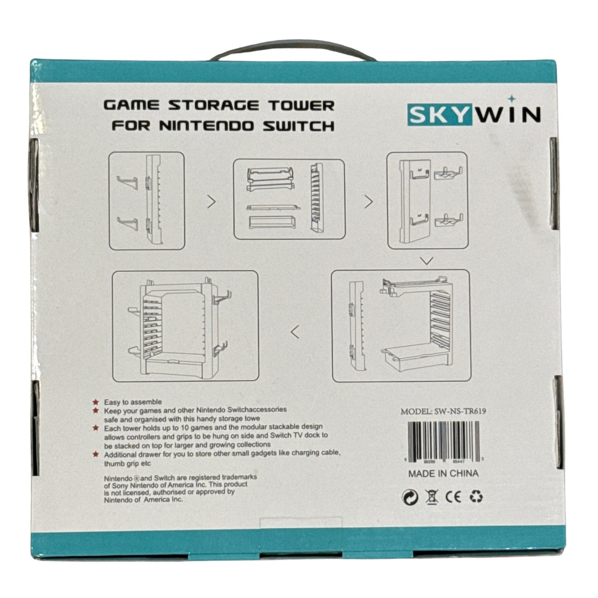 Back of SkyWin Nintendo Switch storage tower box showing assembly diagrams, product features, and model SW-NS-TR619.