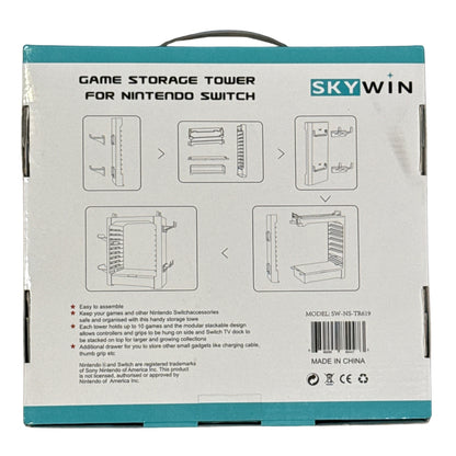 Back of SkyWin Nintendo Switch storage tower box showing assembly diagrams, product features, and model SW-NS-TR619.