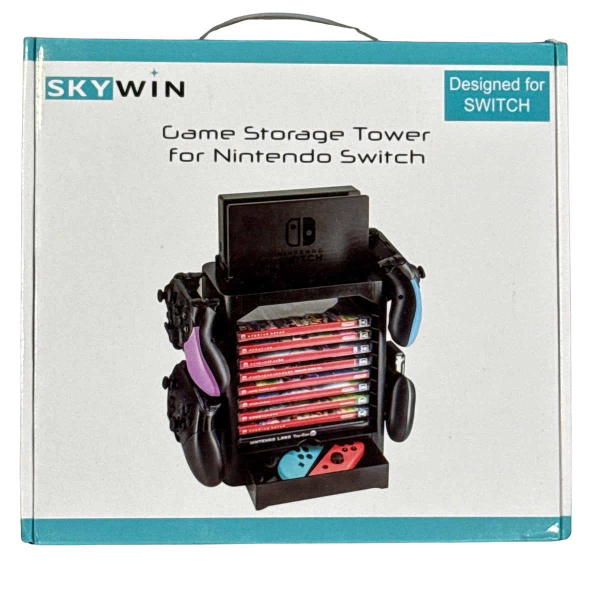 SkyWin Nintendo Switch game storage tower retail box showing black organizer with game slots, controller hooks, dock holder, and drawer.