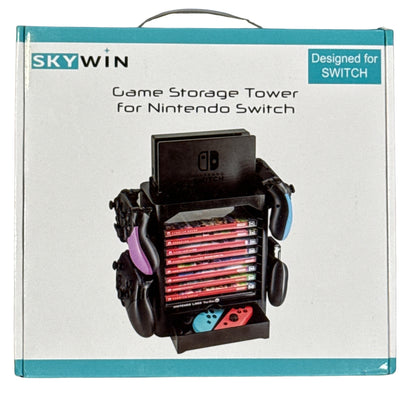 SkyWin Nintendo Switch game storage tower retail box showing black organizer with game slots, controller hooks, dock holder, and drawer.