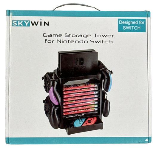 SkyWin Nintendo Switch game storage tower retail box showing black organizer with game slots, controller hooks, dock holder, and drawer.