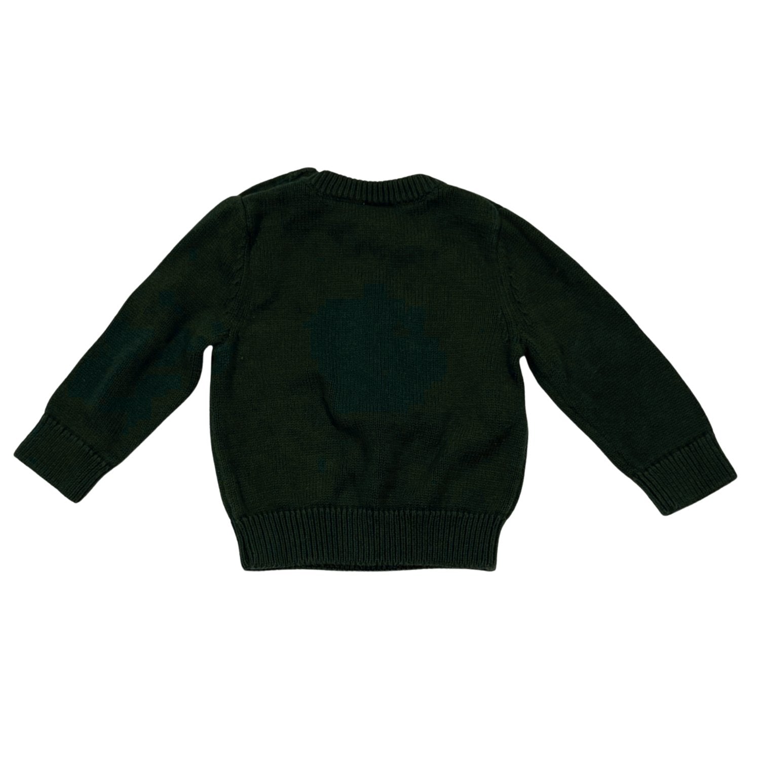 Back view of Starting Out dark green baby Christmas knit sweater size 12 months