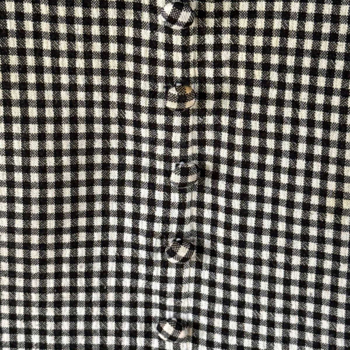 Close-up of black-and-white gingham fabric and matching fabric-covered decorative buttons on Stephanie Andrews dress.